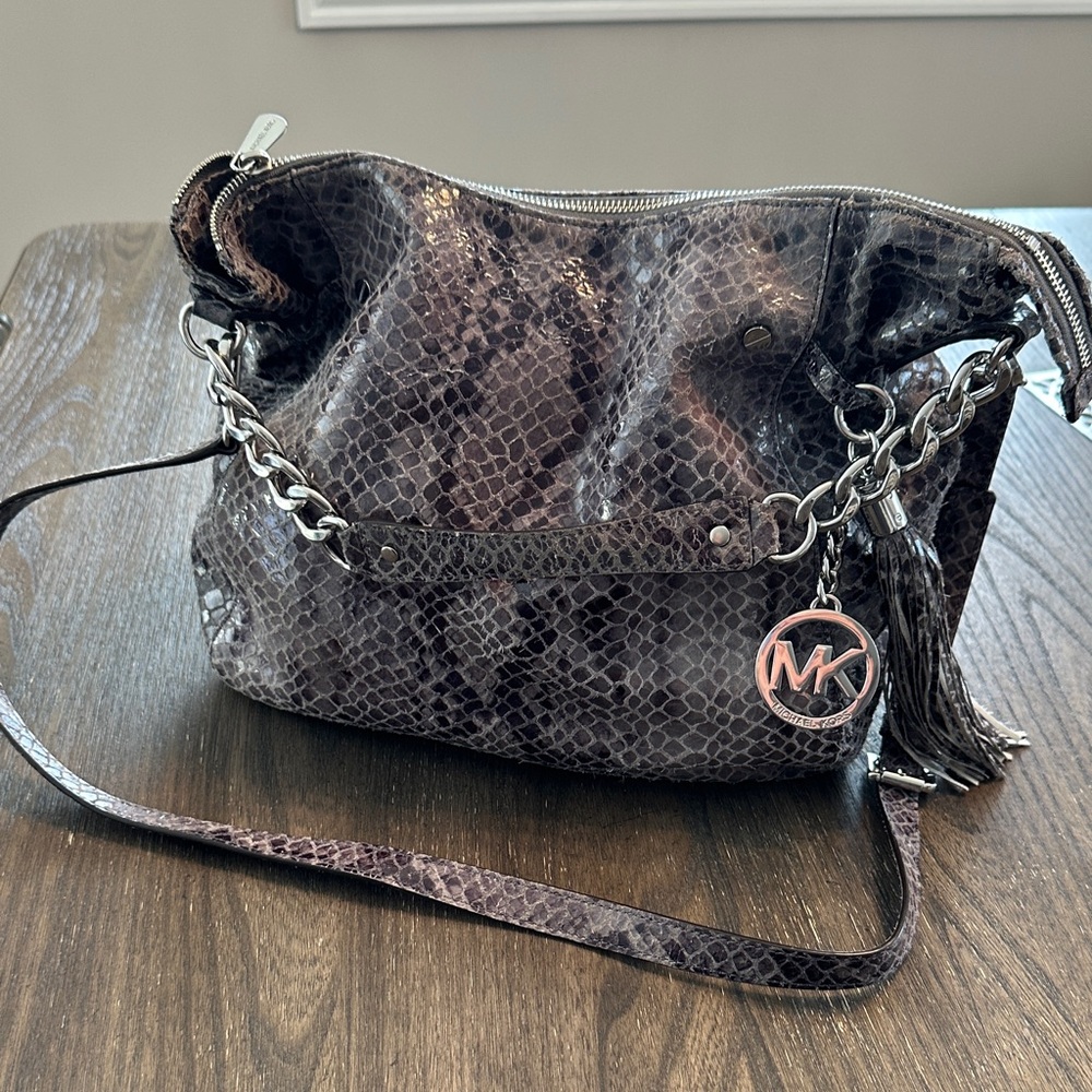 Michael Kors Black Snake-Embossed Leather Shoulder Bag with Chain Strap